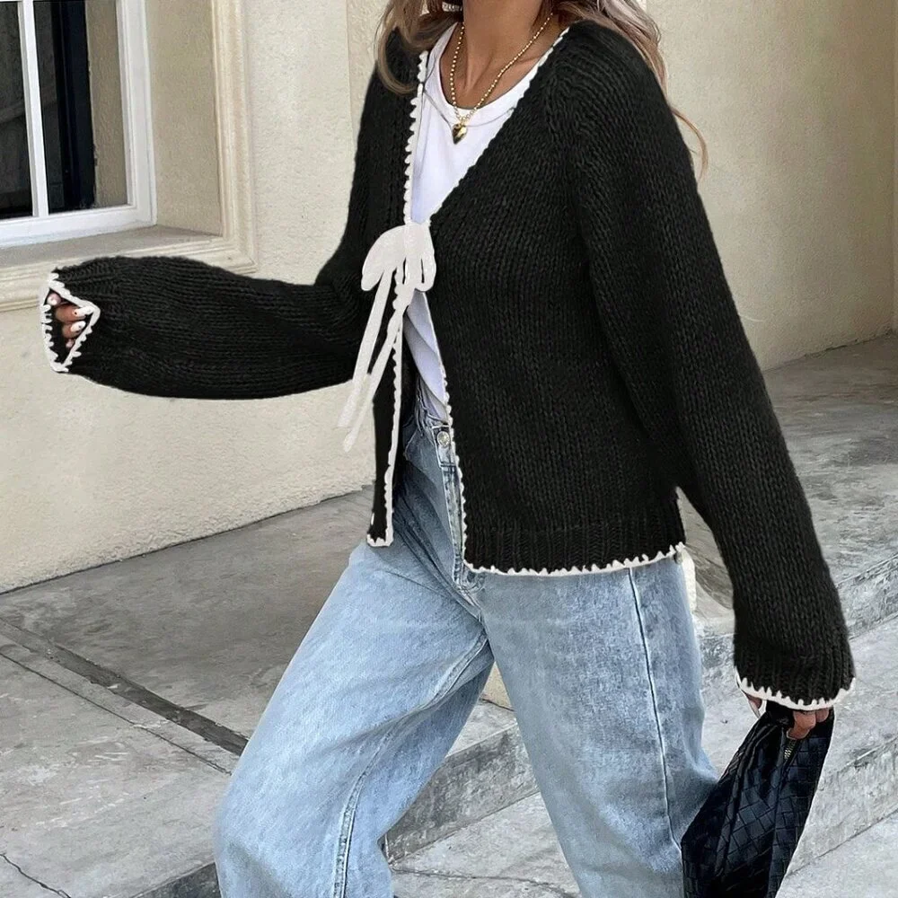 Black Casual Women's Color Block Drawstring Knitted Sweater Cardigan